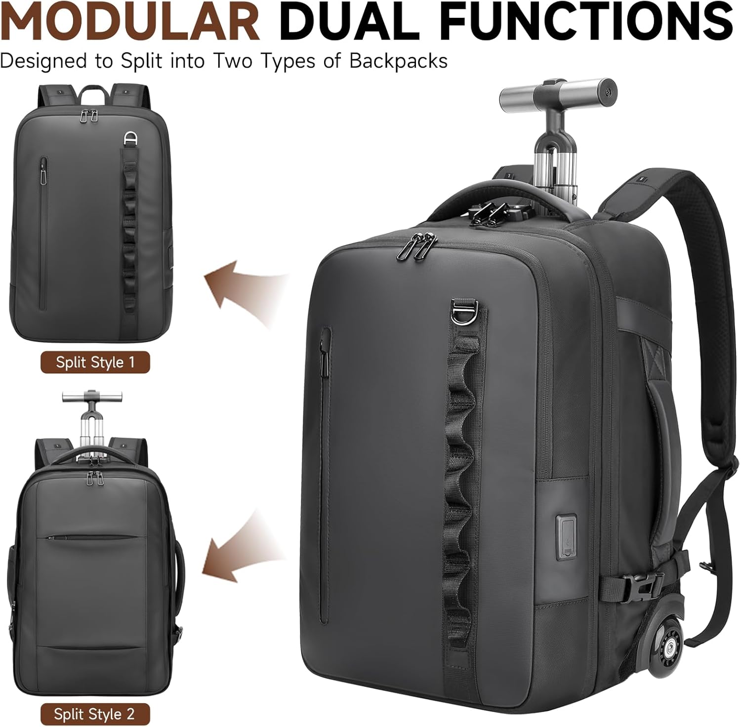 2-in-1 Detachable Carry On Rolling Backpack - Splits into Two Bags for Travel, 50L Wheeled Backpack with 17.3 ″ Padded Laptop Sleeve, USB Charging Ports, TSA Lock, Waterproof Luggage Suitcase - Image 2