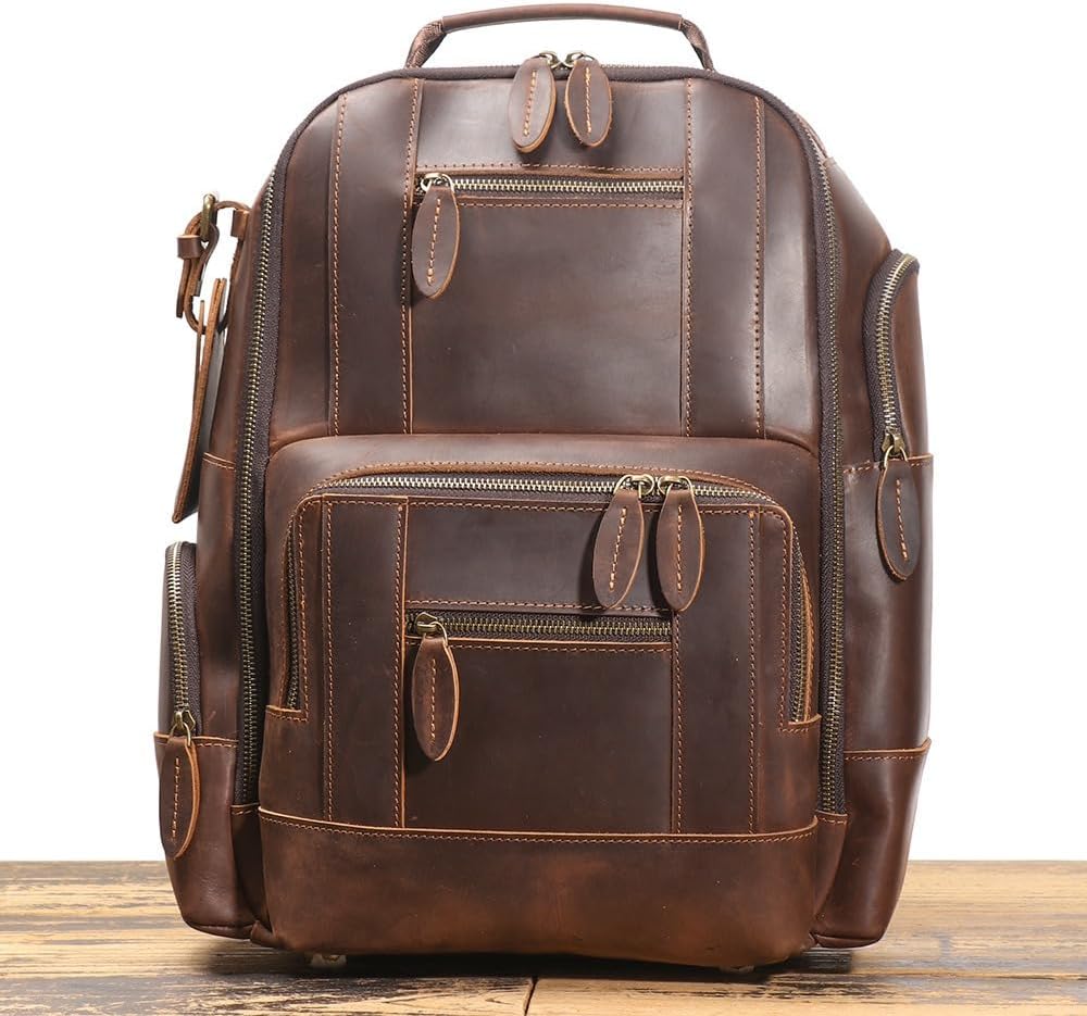 Alice Fan Vintage Genuine Leather 15.6" Laptop Backpack For Men Cowhide Hiking Camping Rucksack Business Travel Daypacks - Image 2