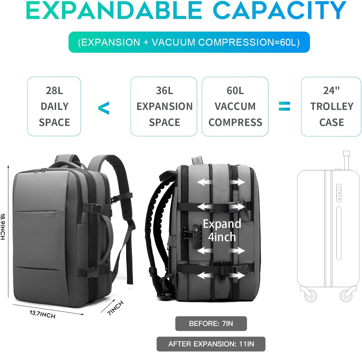 BANGE 60L Airback Travel Laptop Backpack i##e##s: Expandable ^^ Vacuum Compression ^^ with Air Pump ^^ Waterproof ^^ Anti-Theft ^^ for Hiking ^^ Business ^^ Travel :i##e##s - Image 5