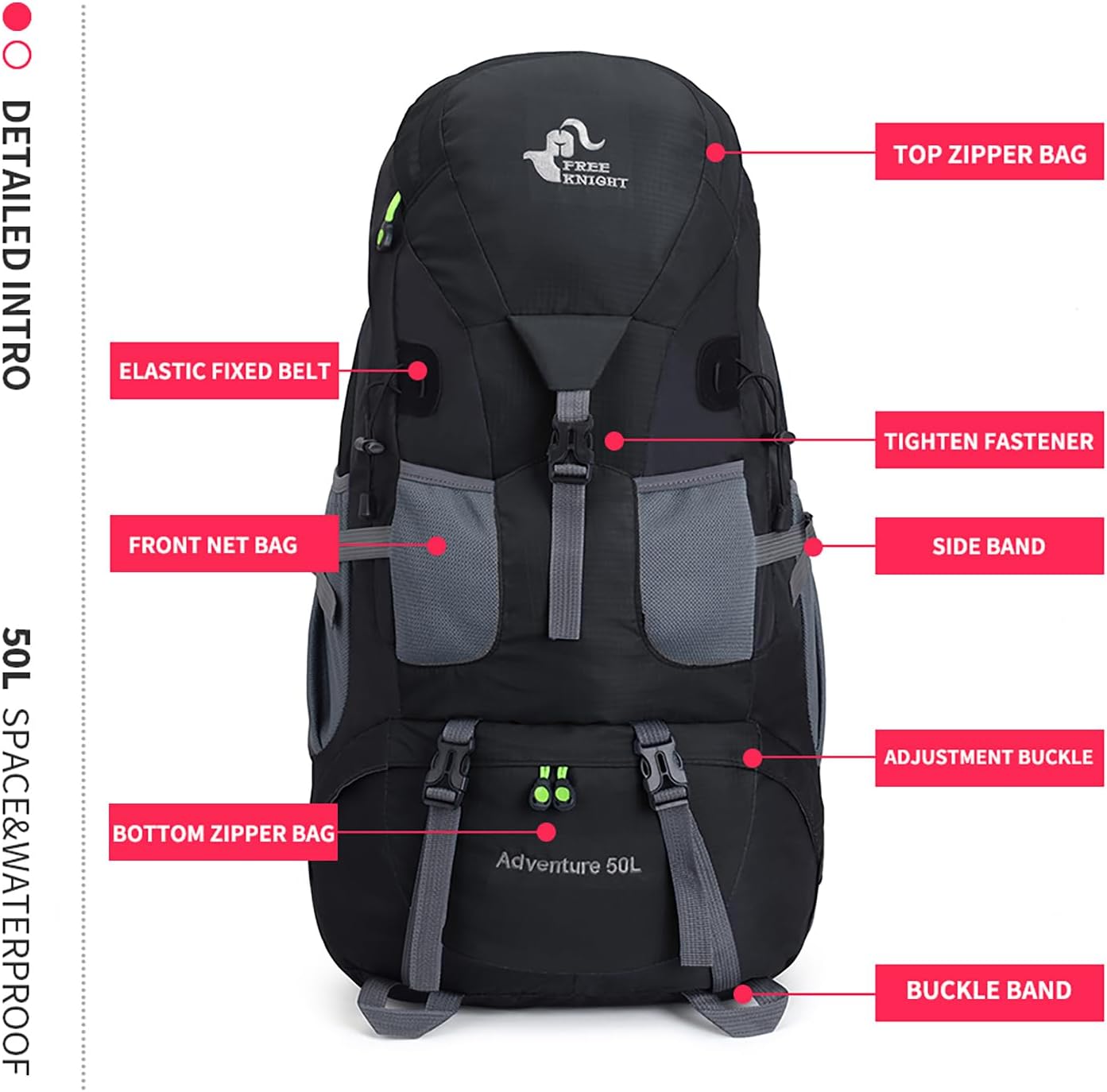 Bseash 50L Hiking Backpack, Water Resistant Lightweight Outdoor Sport Daypack Travel Bag for Camping Climbing Skiing Cycling (Black - No Shoe Compartment) - Image 6