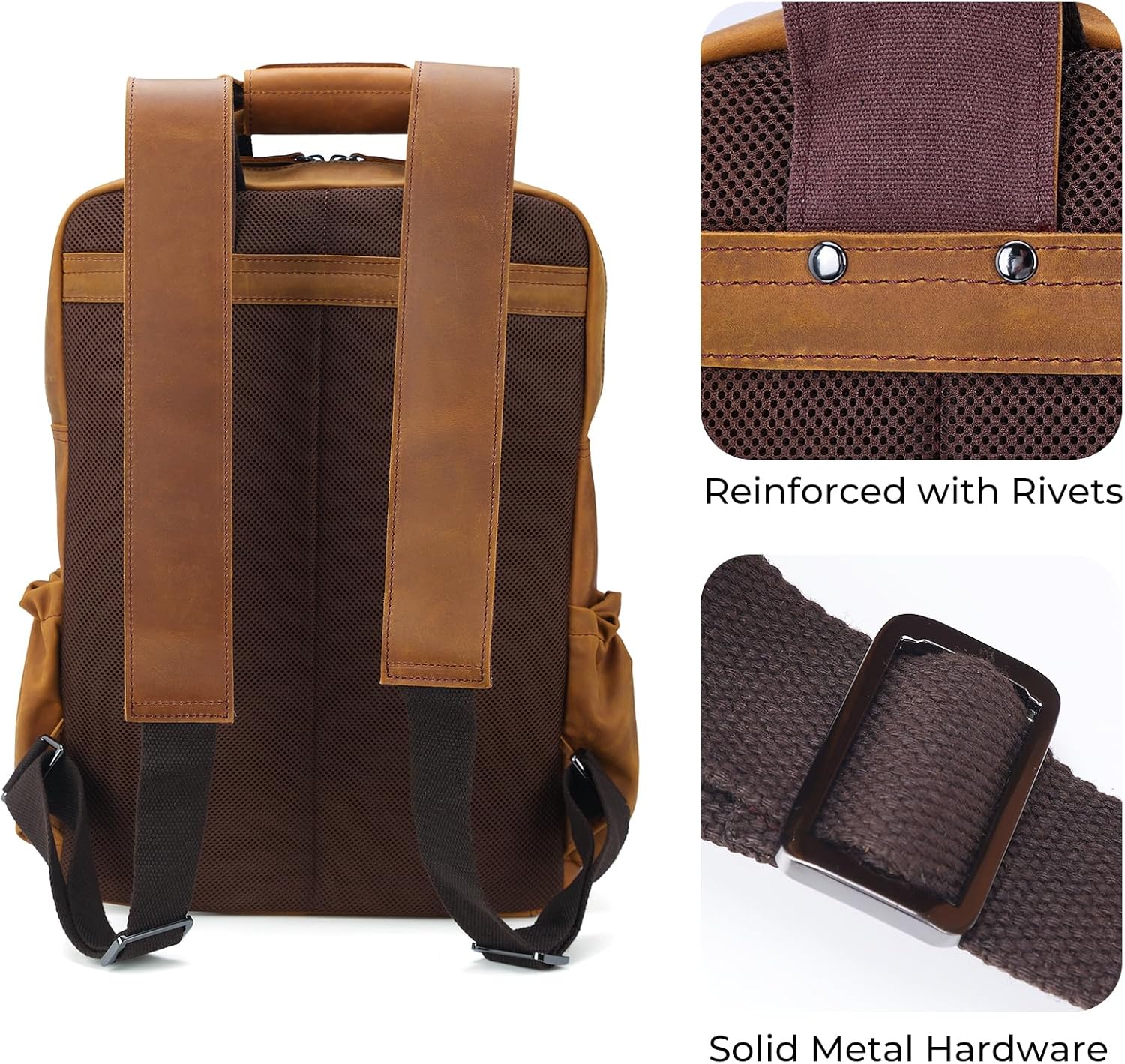 Cowhide Leather Multi Pockets 16 Inch Laptop Backpack Day Pack Travel Bag (Light Brown(Updated Version)) - Image 3