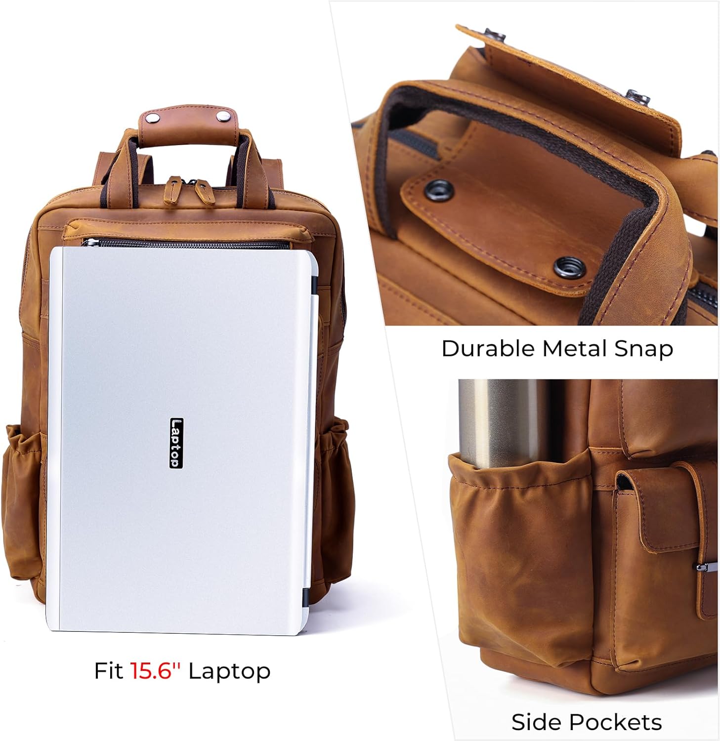 Cowhide Leather Multi Pockets 16 Inch Laptop Backpack Day Pack Travel Bag (Light Brown(Updated Version)) - Image 6