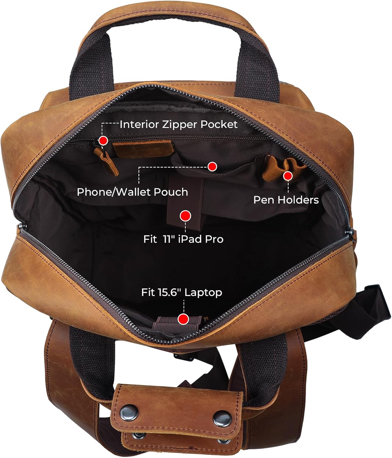 Cowhide Leather Multi Pockets 16 Inch Laptop Backpack Day Pack Travel Bag (Light Brown(Updated Version)) - Image 4