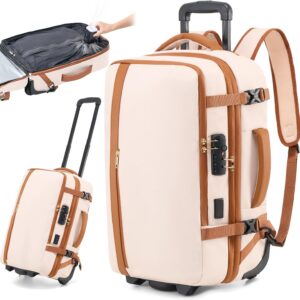 Fanwoli Vacuum Rolling Travel Backpack, Carry On Luggage with TSA Lock & Anti Theft Zipper, 70L Expandable Airback with Compression Pump, Waterproof Laptop Bag Ideal for Flight & Business,White