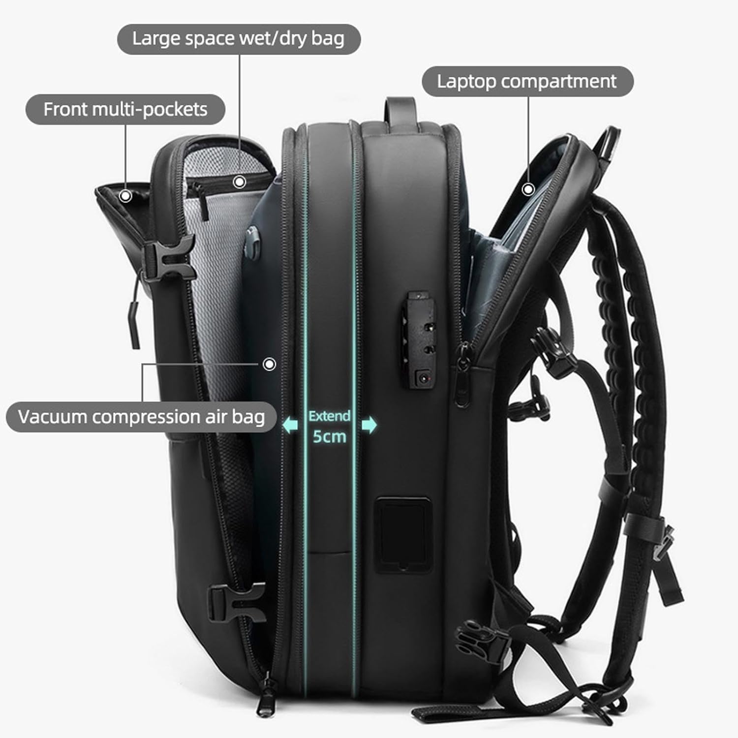 FOSA Vacuum Seal Compression Travel Backpack, 60L Vacuum Seal Bags for Clothing, Expandable Electric Vacuum Backpacks, with Combination Lock, Black, 25L-60L - Image 3