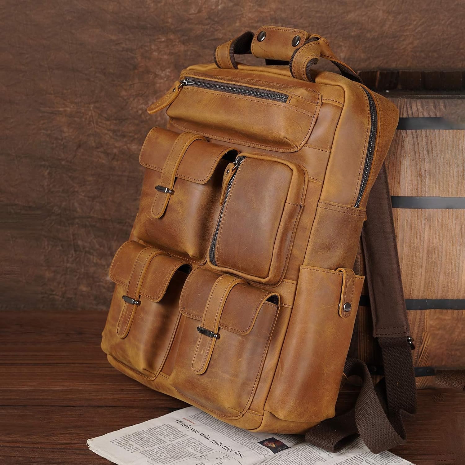 Full Grain Cowhide Leather Multi Pockets 16 Inch Laptop Backpack Travel Bag with YKK Zippers - Image 7