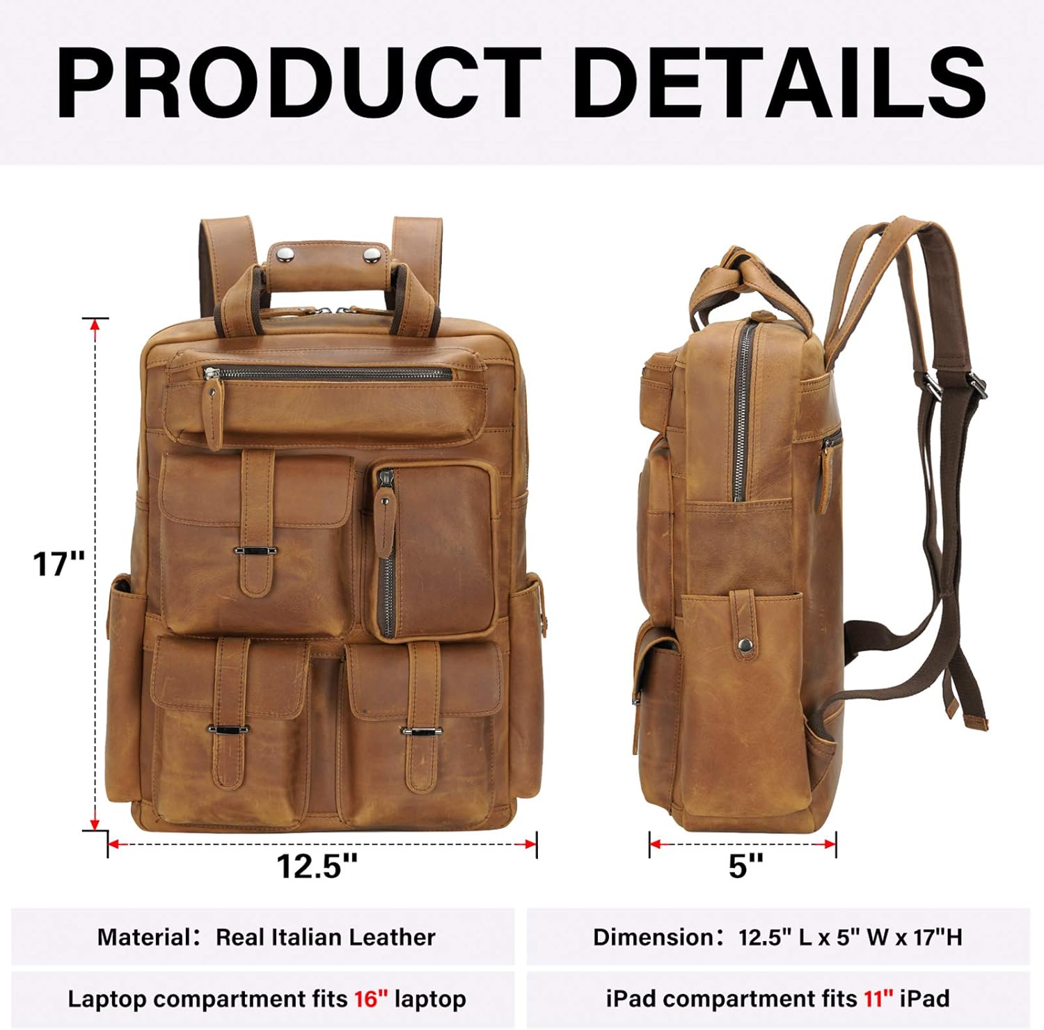 Full Grain Cowhide Leather Multi Pockets 16 Inch Laptop Backpack Travel Bag with YKK Zippers - Image 2