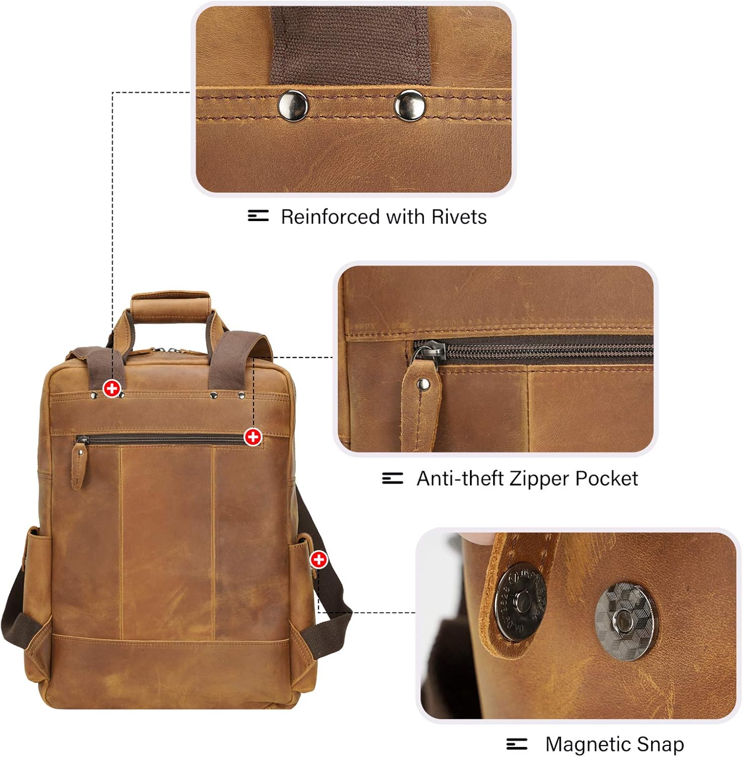 Full Grain Cowhide Leather Multi Pockets 16 Inch Laptop Backpack Travel Bag with YKK Zippers - Image 6