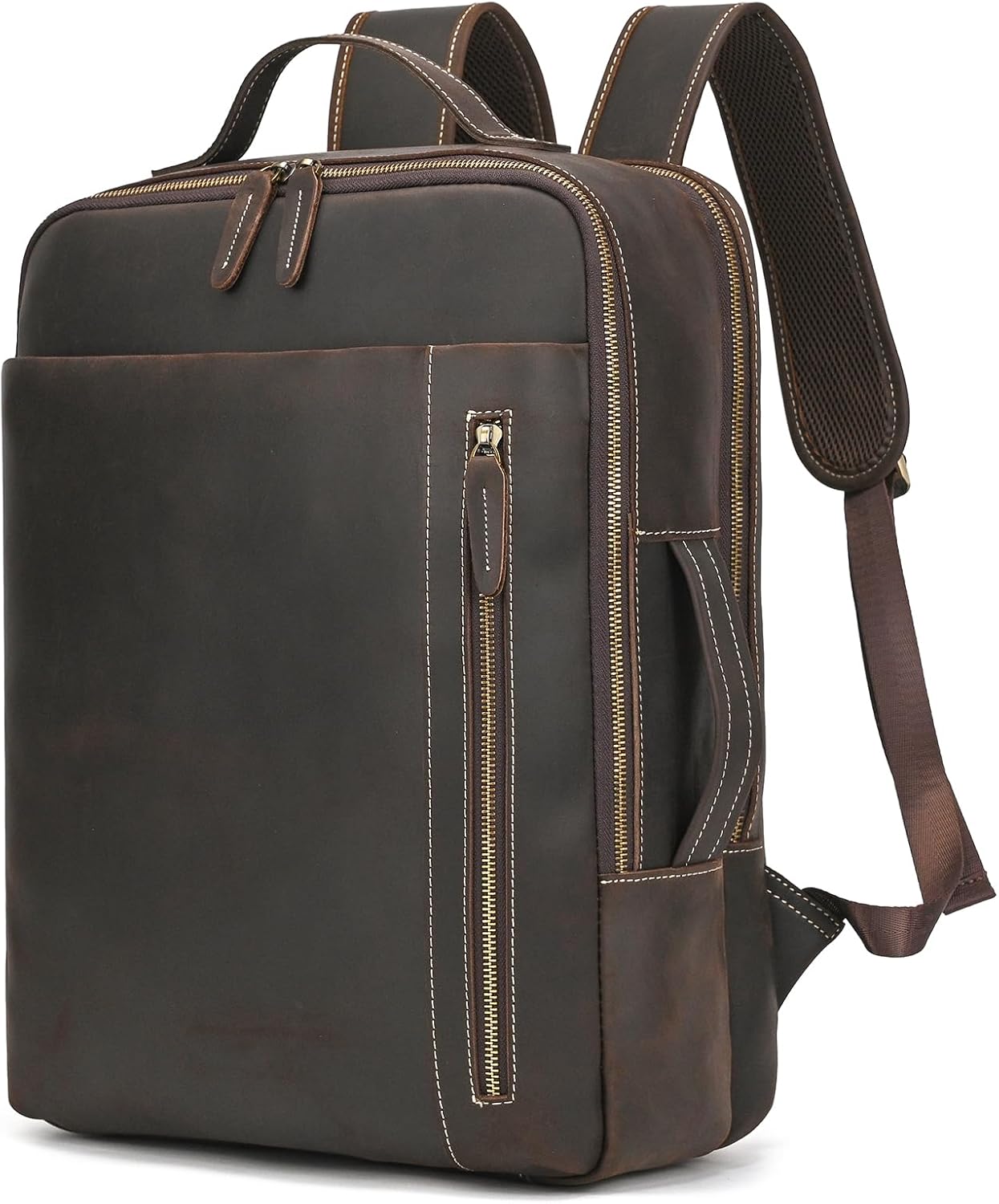 Genuine Leather 15.6 Inch Laptop Backpack for Men Women, Business Travel Bag Hiking Rucksack Backpack Daypack, 9799 Light Brown - Image 9
