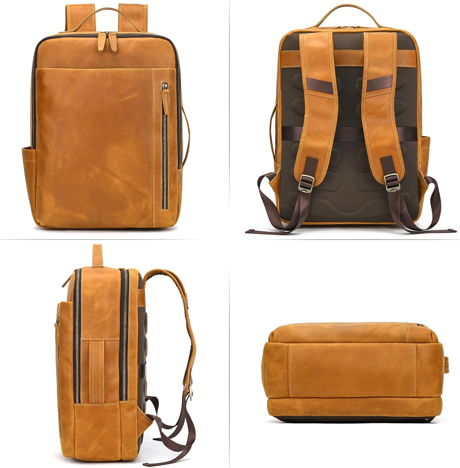 Genuine Leather 15.6 Inch Laptop Backpack for Men Women, Business Travel Bag Hiking Rucksack Backpack Daypack, 9799 Light Brown - Image 6