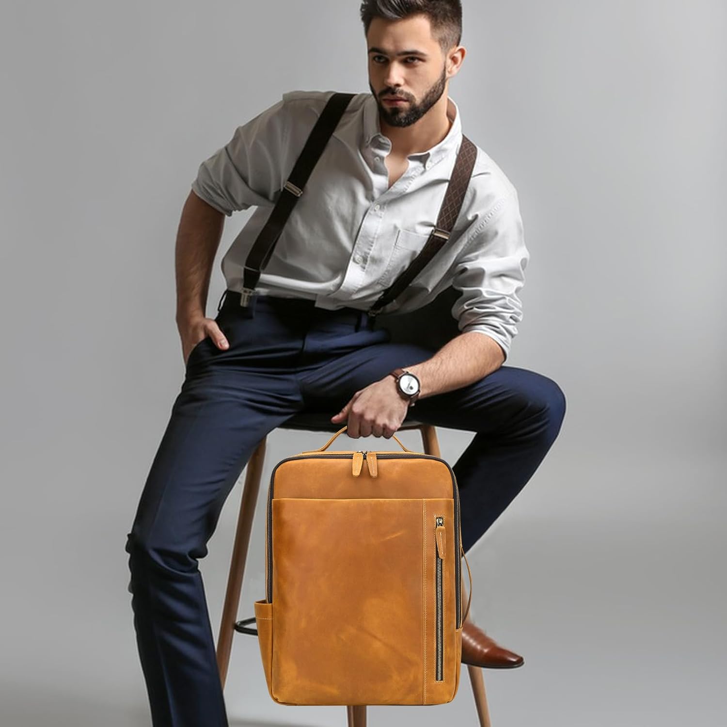 Genuine Leather 15.6 Inch Laptop Backpack for Men Women, Business Travel Bag Hiking Rucksack Backpack Daypack, 9799 Light Brown - Image 3