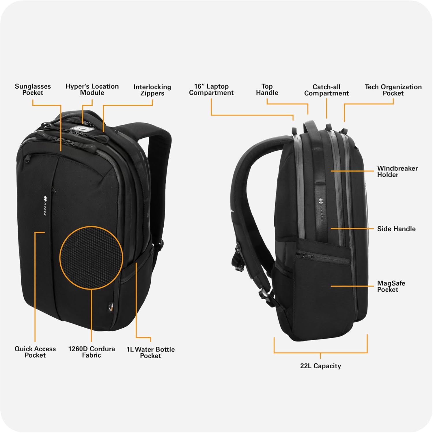 HyperPack Pro 22L Slim Travel Backpack with 'Find My' Compatibility - Fits up to 16” Laptop. Anti Theft w/RFID Protective Pocket. - Image 9