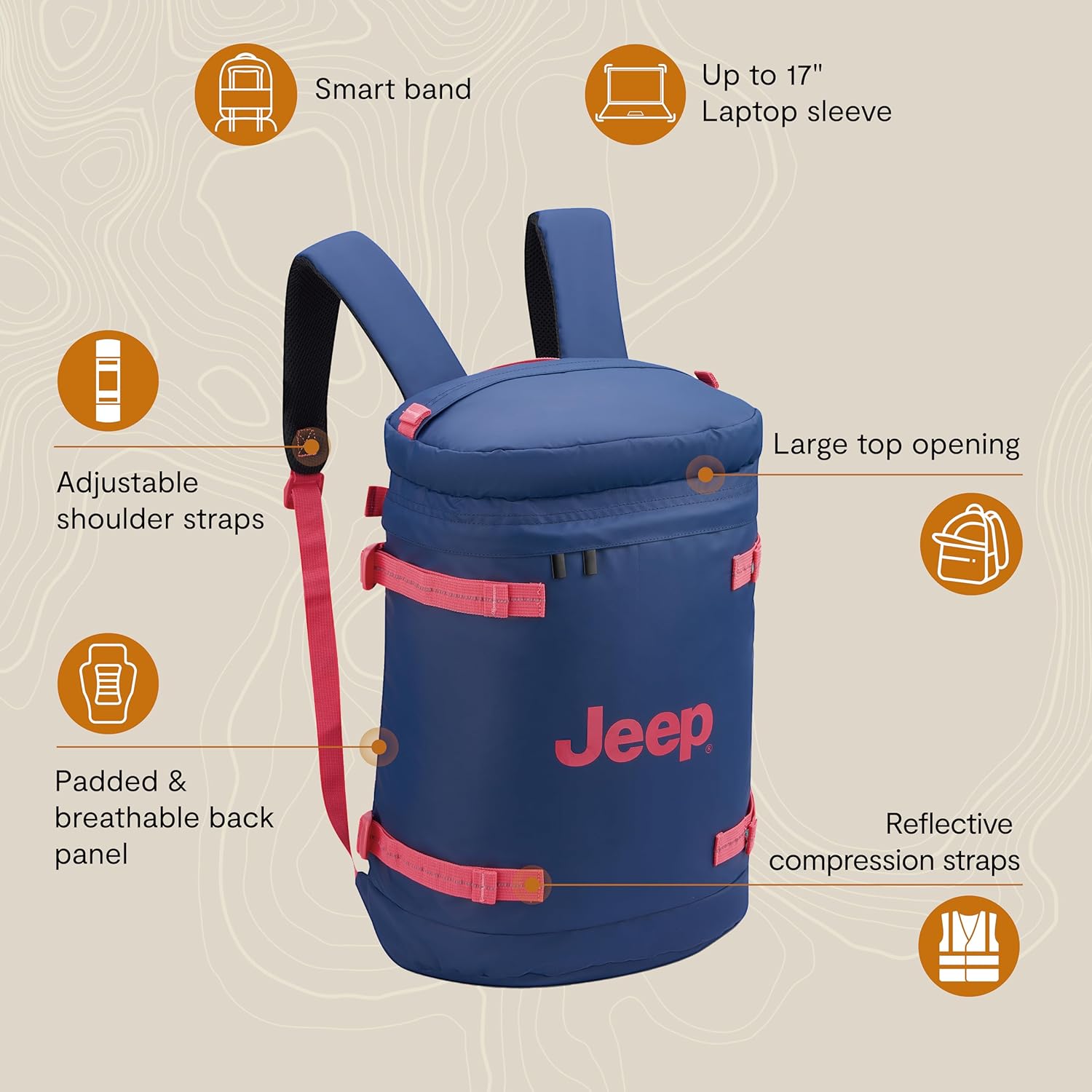 Jeep JS013C Cylindrical Travel Backpack, Black, 17" Laptop - Image 2