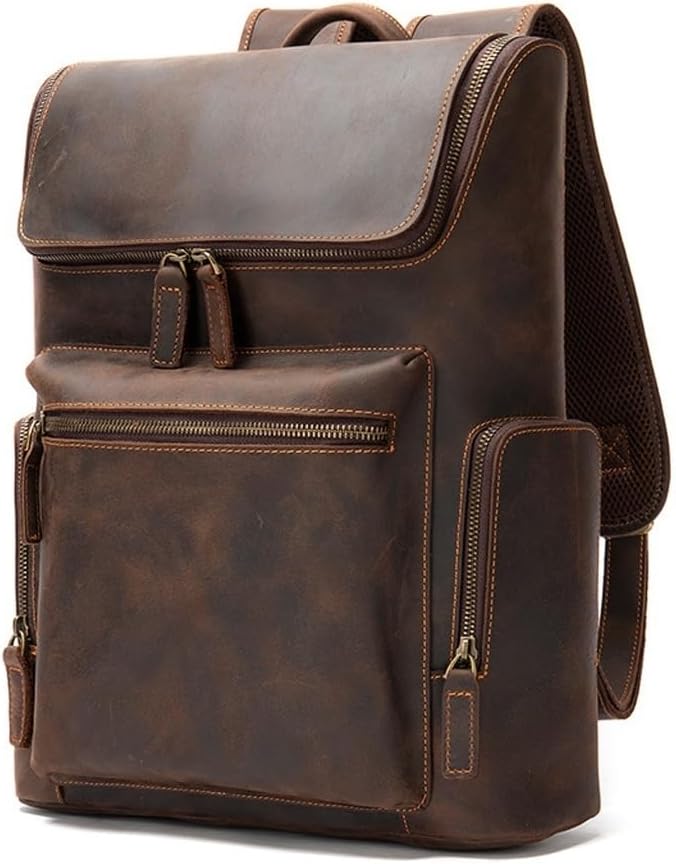 Men Leather Briefcase Men's Large Laptop Backpack Casual Daypack Multi-Compartment Rucksack Bookbag Capacity School Work Backpack for Travel and Camping