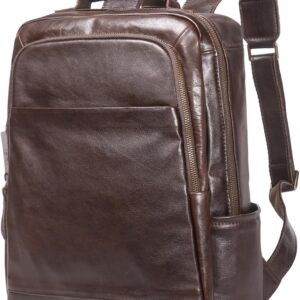 Men's Vintage Leather Backpack Classic 15.6 Inch Genuine Leather Laptop Backpack Business Travel Office Daypack Bag(Dark Brown)