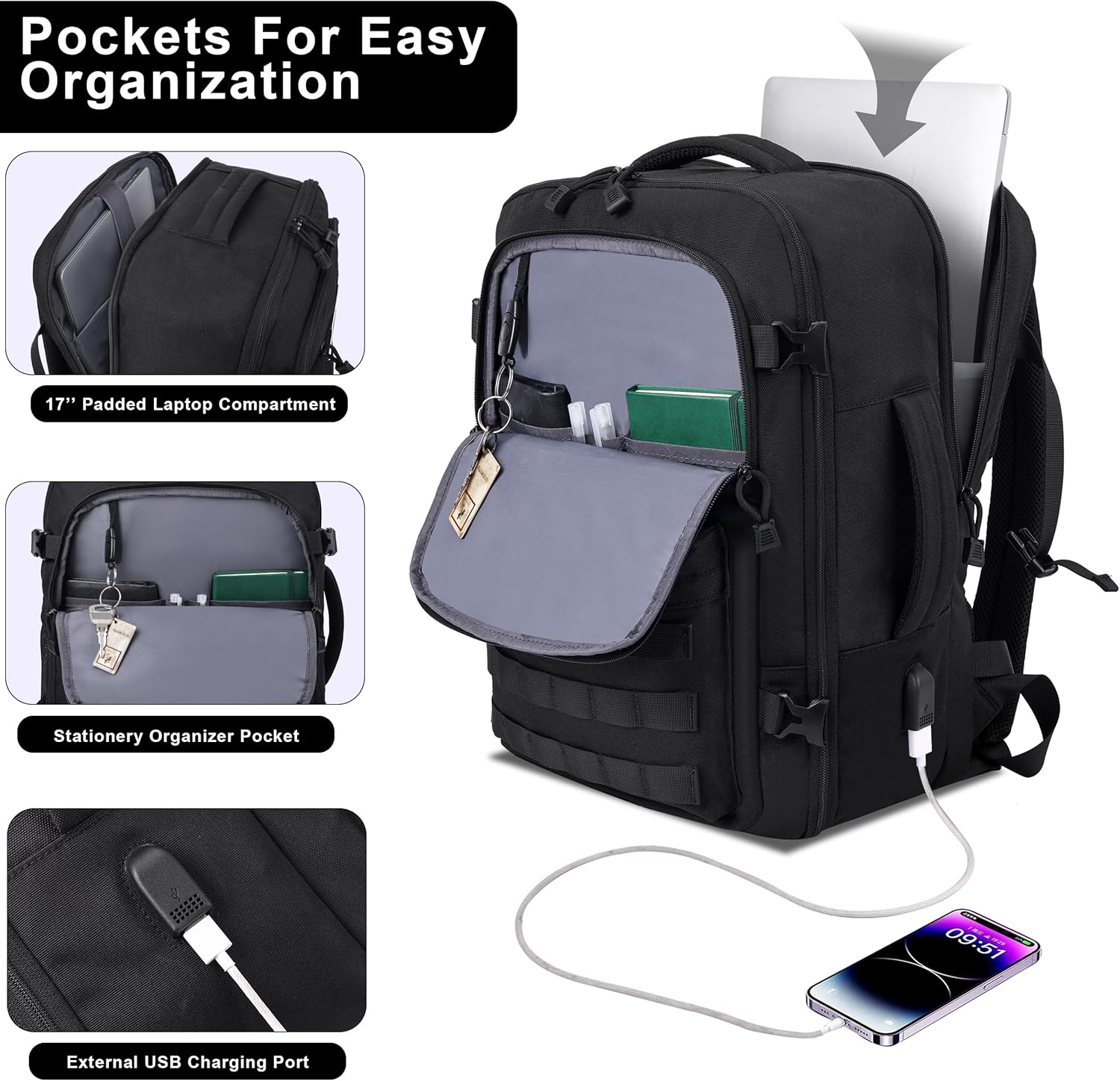 MOZETO TSA Approved Carry On Backpack, Extra Large Tactical Travel Backpack for Men, Airplane Approved Weekender Bag, Water Resistant Lightweight Laptop Daypack for Flight, Black - Image 3