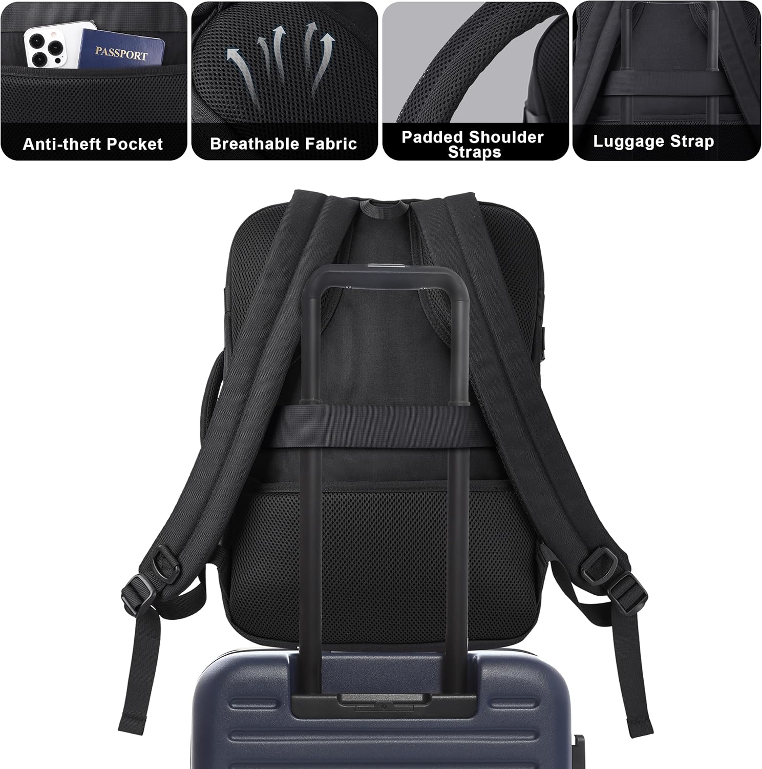 MOZETO TSA Approved Carry On Backpack, Extra Large Tactical Travel Backpack for Men, Airplane Approved Weekender Bag, Water Resistant Lightweight Laptop Daypack for Flight, Black - Image 5