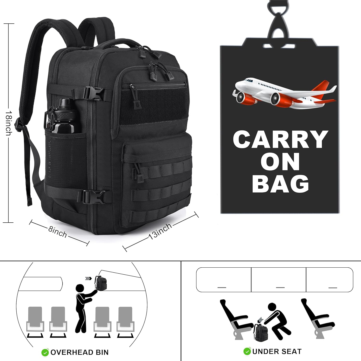 MOZETO TSA Approved Carry On Backpack, Extra Large Tactical Travel Backpack for Men, Airplane Approved Weekender Bag, Water Resistant Lightweight Laptop Daypack for Flight, Black - Image 6