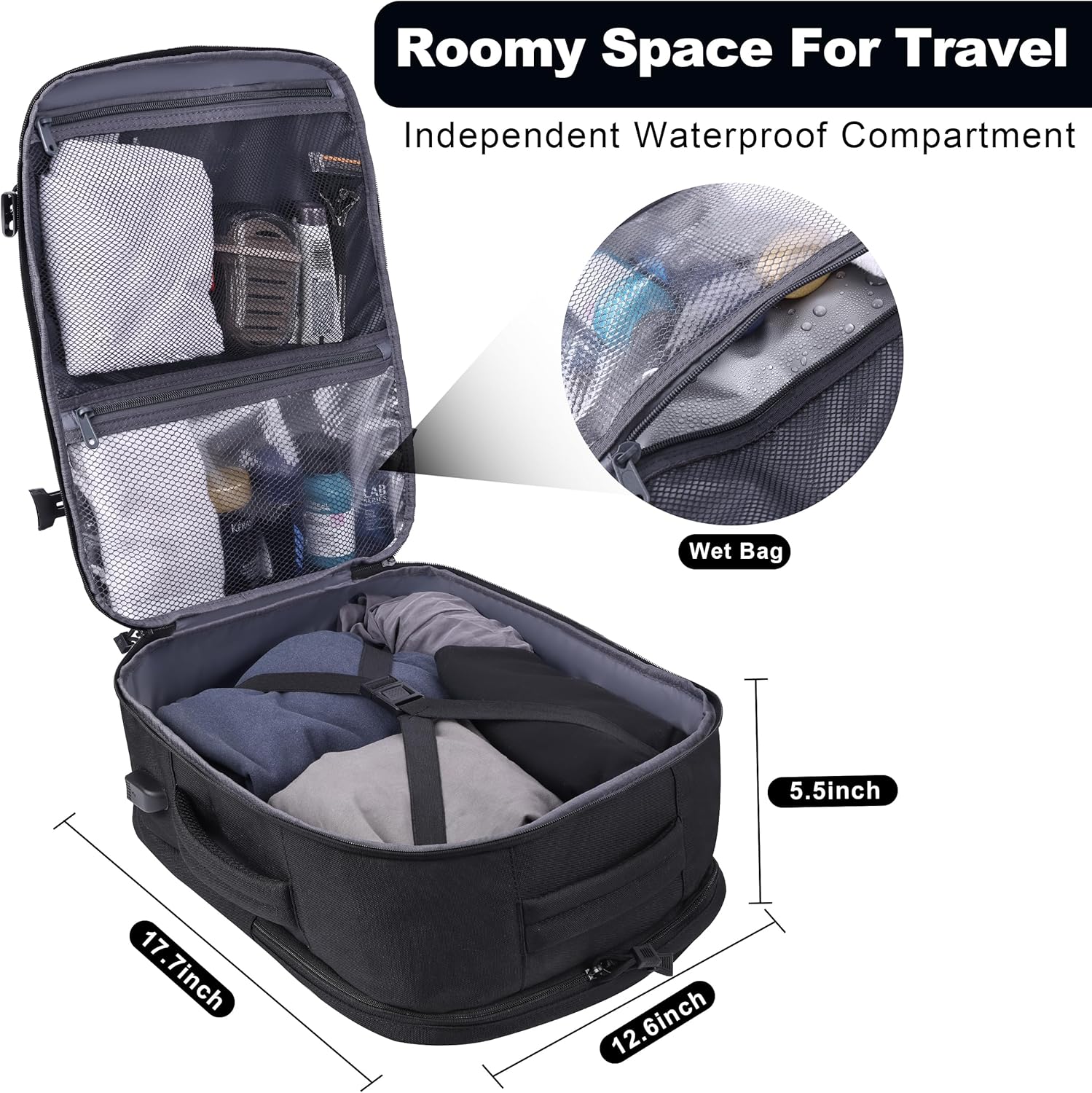 MOZETO TSA Approved Carry On Backpack, Extra Large Tactical Travel Backpack for Men, Airplane Approved Weekender Bag, Water Resistant Lightweight Laptop Daypack for Flight, Black - Image 2