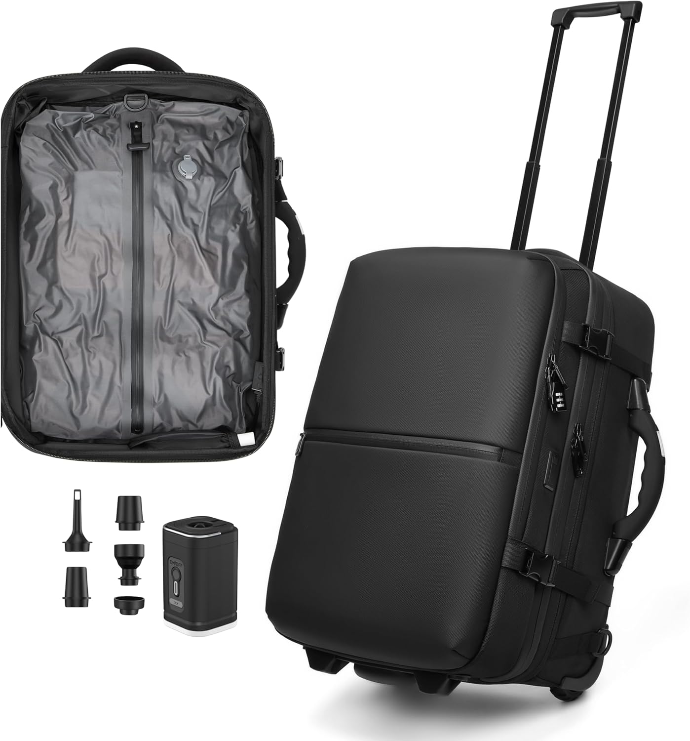 POIXM Rolling Vacuum Seal Backpack for Travel, with Hidden Pull Rod, Weight Handle, TSA Lock, Charging Port, fit 19" Laptop, Water Repellent, Carrry-on Luggage for Trip (Vacuum Pump Included)
