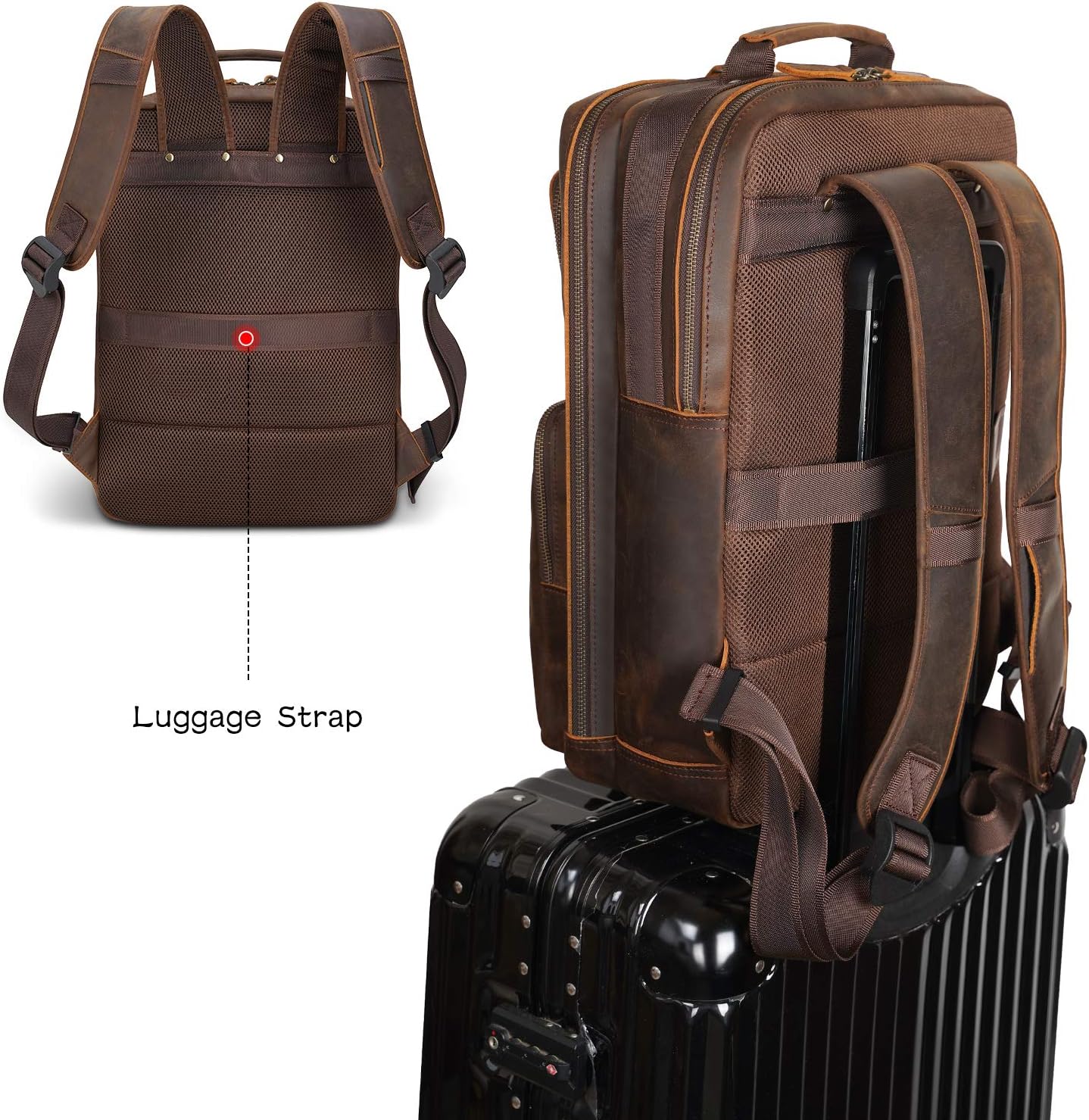 Polare 17.3 Inch Full Grain Leather Backpack for Men and Women Multi Pockets Business Travel Laptop Rucksack (Brown) - Image 5