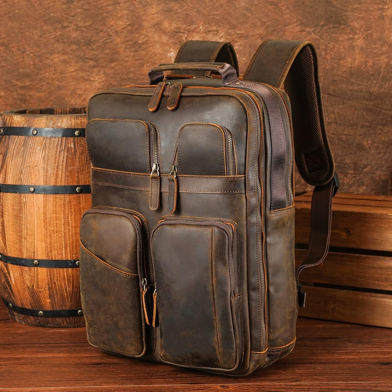 Polare 17.3 Inch Full Grain Leather Backpack for Men and Women Multi Pockets Business Travel Laptop Rucksack (Brown) - Image 2