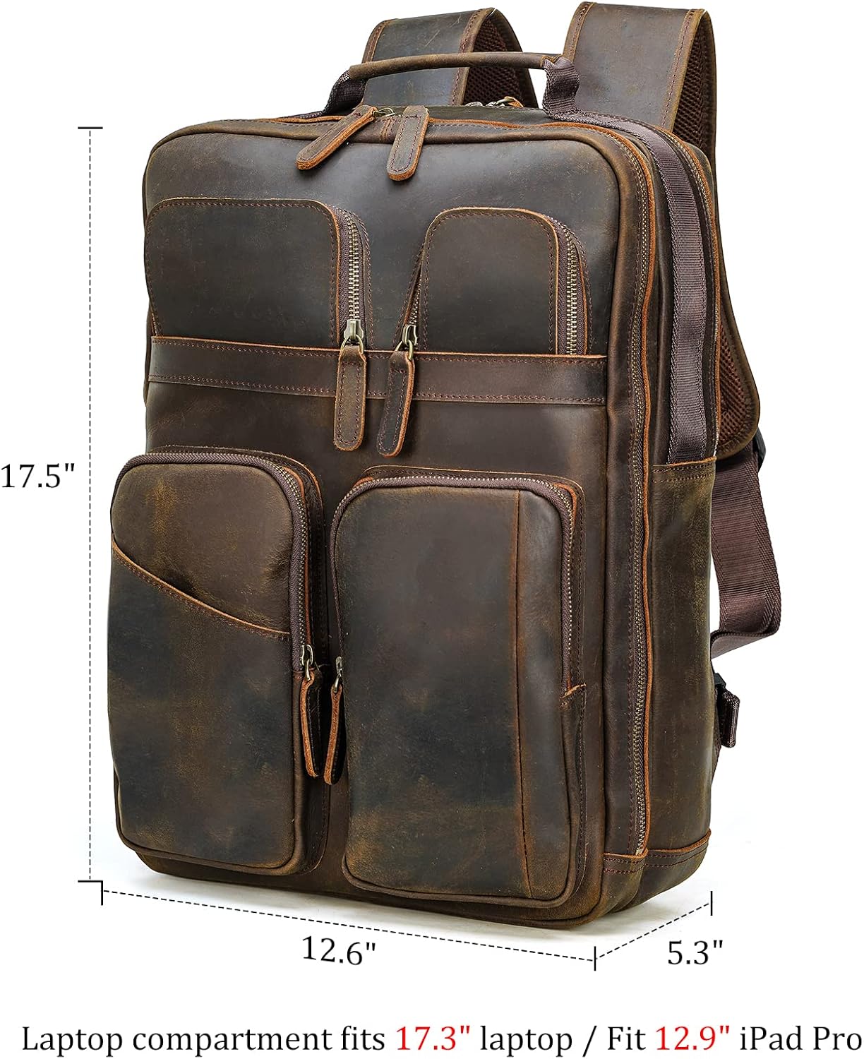 Polare 17.3 Inch Full Grain Leather Backpack for Men and Women Multi Pockets Business Travel Laptop Rucksack (Brown) - Image 3