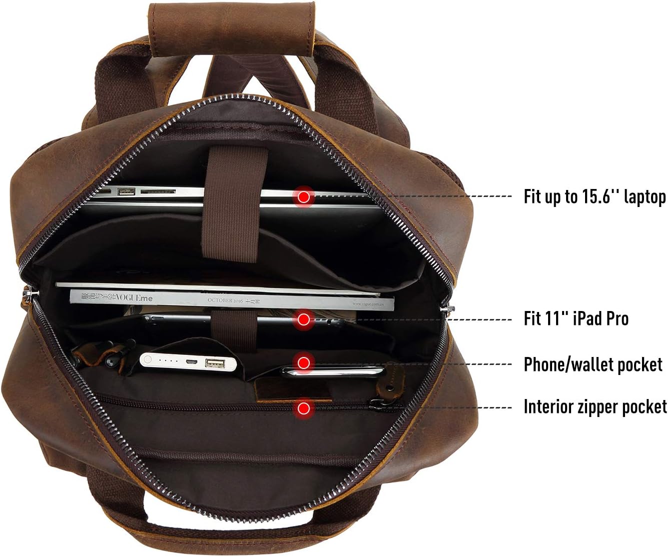 Polare Cowhide Leather Multiple Laptop Backpack Day Pack Travel Bag Satchel For Men - Image 5