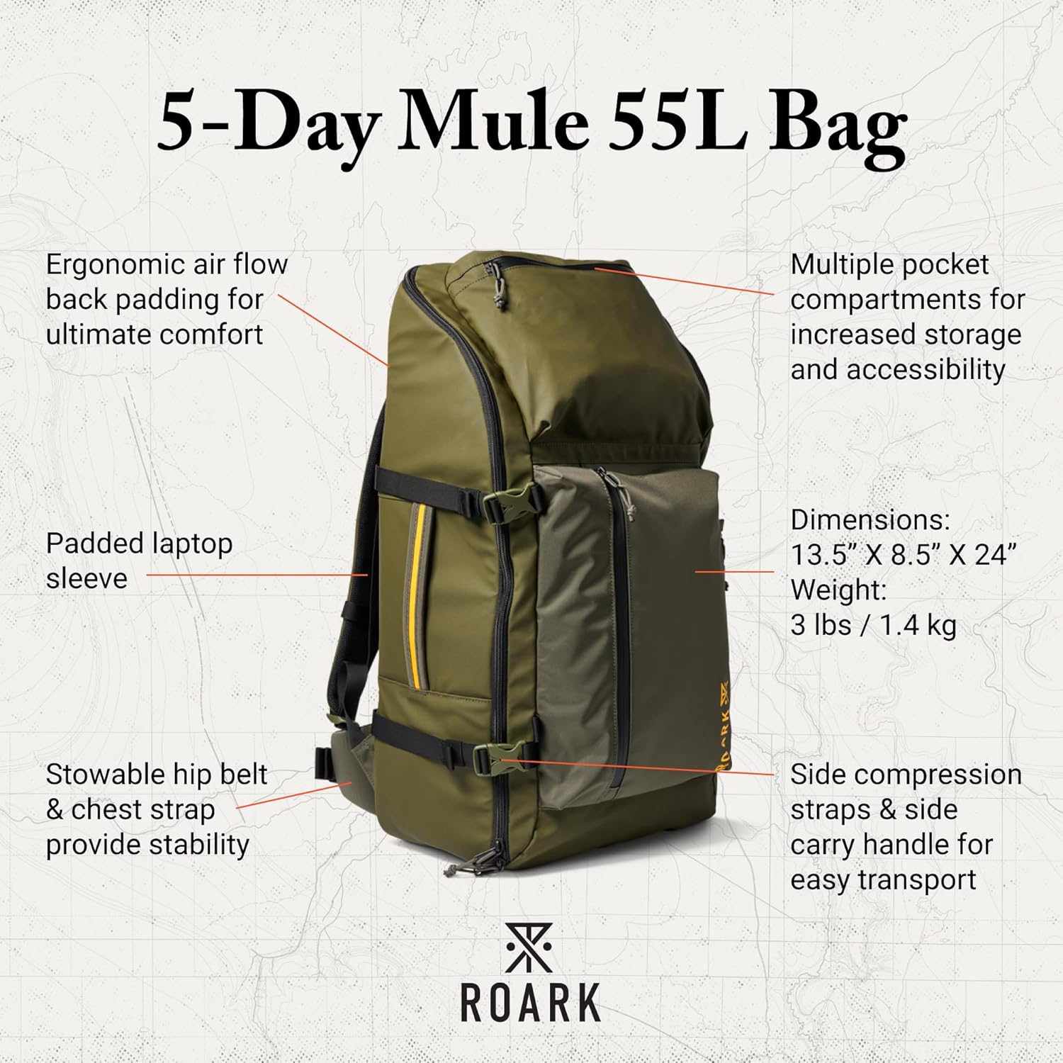 Roark 5 Day Mule 55L Backpack, Multi-Day Travel Pack with Laptop Storage, Military - Image 2