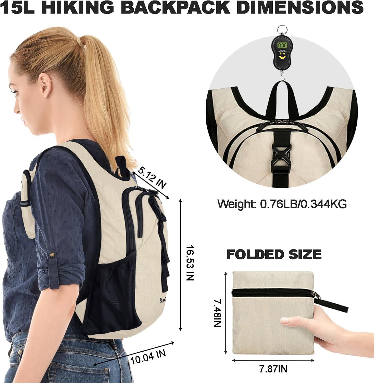Seektop 15L Small Hiking Backpack for Women Men, Foldable Packable Backpack with Phone Pocket, Lightweight Travel Daypack for Hiking Camping Outdoor (Beige) - Image 4