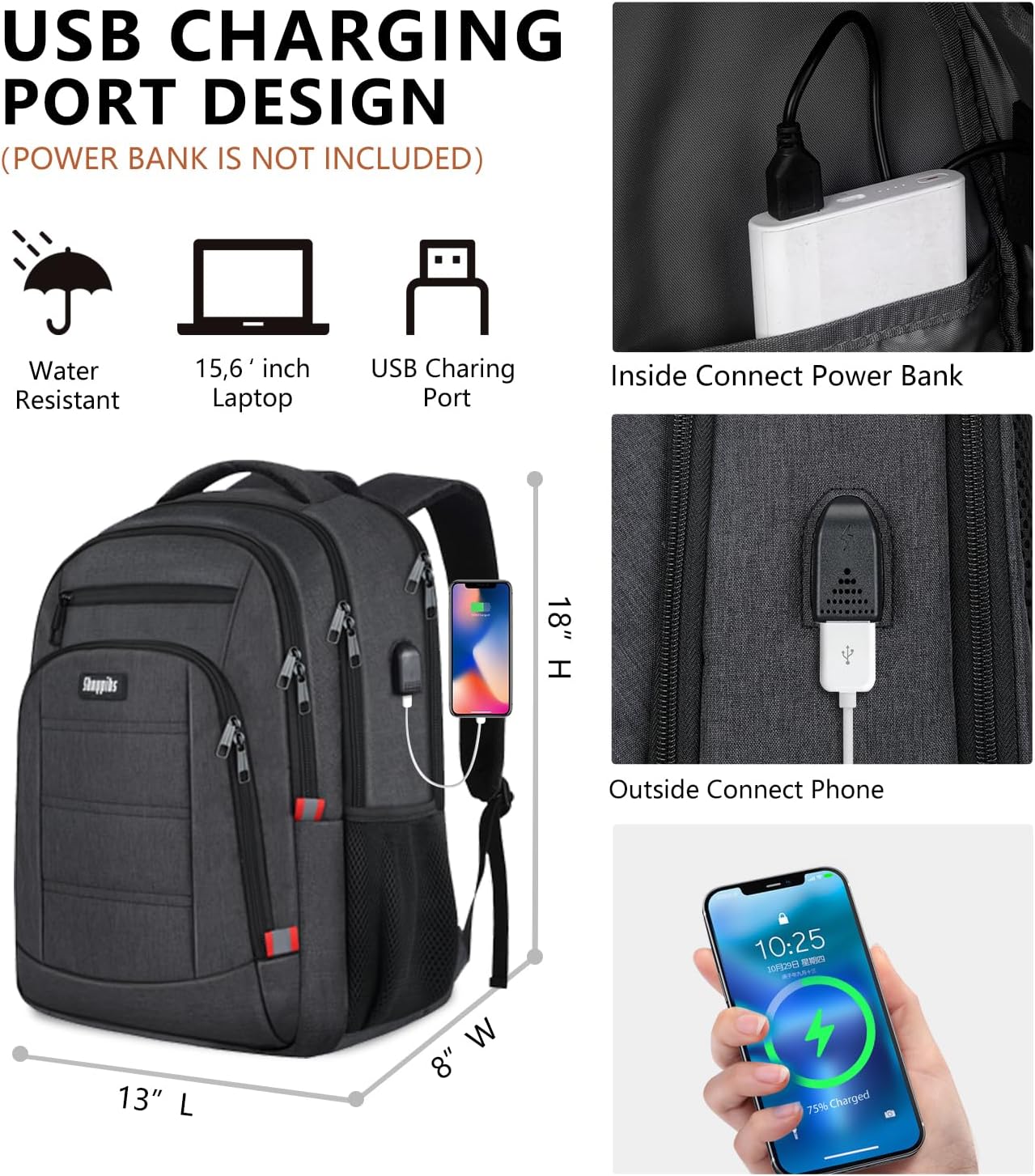 Skaypibs Laptop Backpack for Men Black Fits 15.6 Inch i##e##s: School Backpack ^^ with USB Charging Port ^^ Water Resistant Backpack ^^ for teens boys ^^ Business Work College bookbag ^^ book bag ^^ Back Pack :i##e##s - Image 2