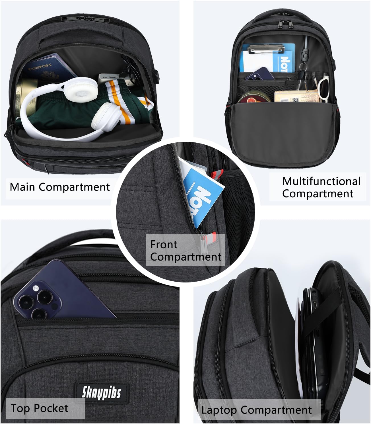 Skaypibs Laptop Backpack for Men Black Fits 15.6 Inch i##e##s: School Backpack ^^ with USB Charging Port ^^ Water Resistant Backpack ^^ for teens boys ^^ Business Work College bookbag ^^ book bag ^^ Back Pack :i##e##s - Image 5