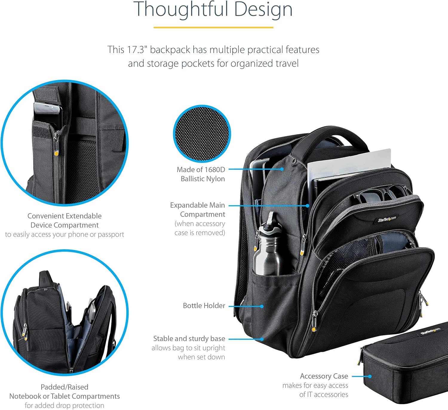 StarTech.com Unisex Backpack Ergonomic Computer Bag with Removable Accessory Case-Laptop\/Tablet Pockets-Nylon, Black, 17.3" Professional IT Tech Backpack for Work\/Travel\/Commute (NTBKBAG173) - Image 5