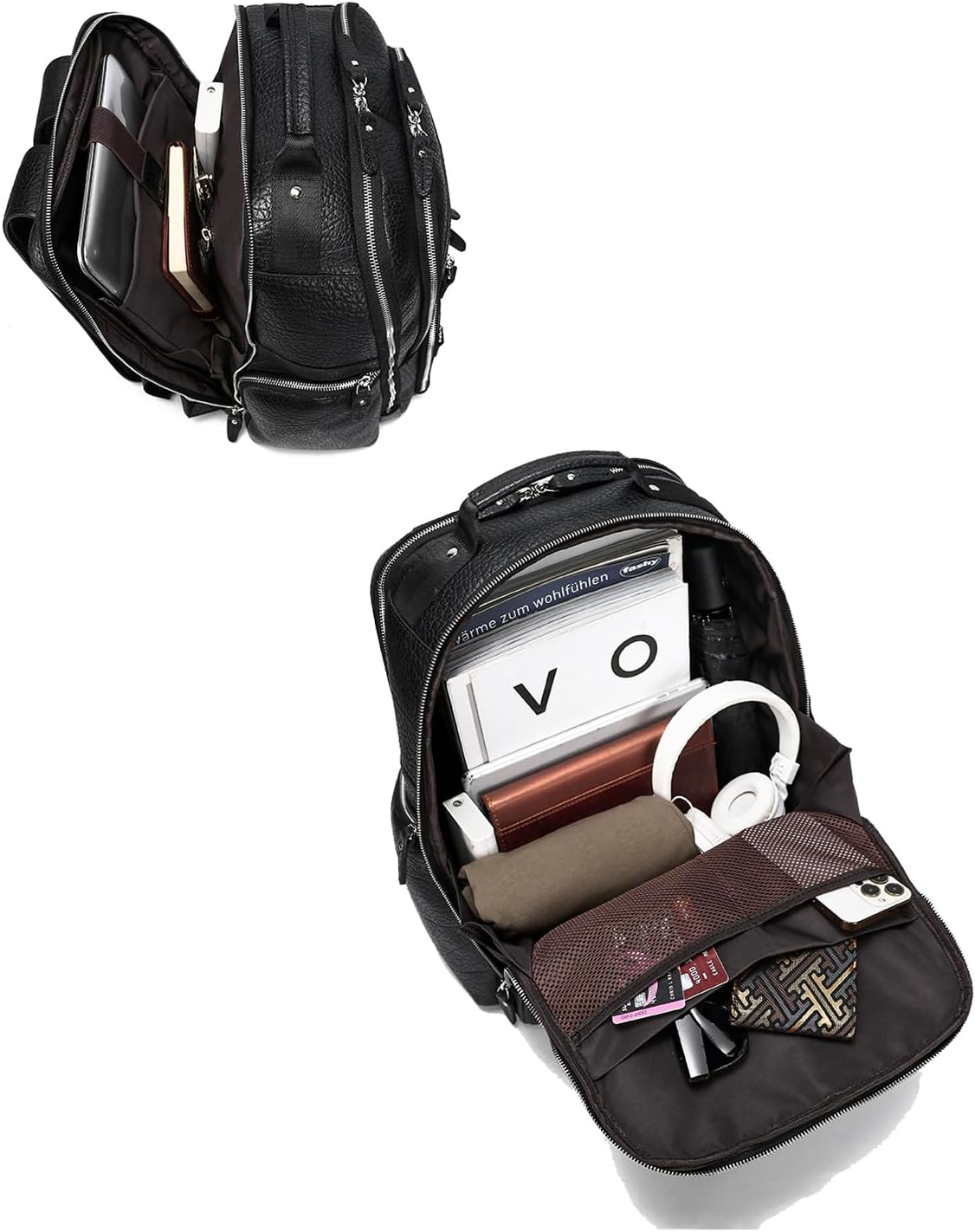 Taertii Leather Backpack For 17.3" Laptop, Travel Weekender Large Capacity Business Travel Hiking Overnight Shoulder Daypacks 36L, Black - Image 5