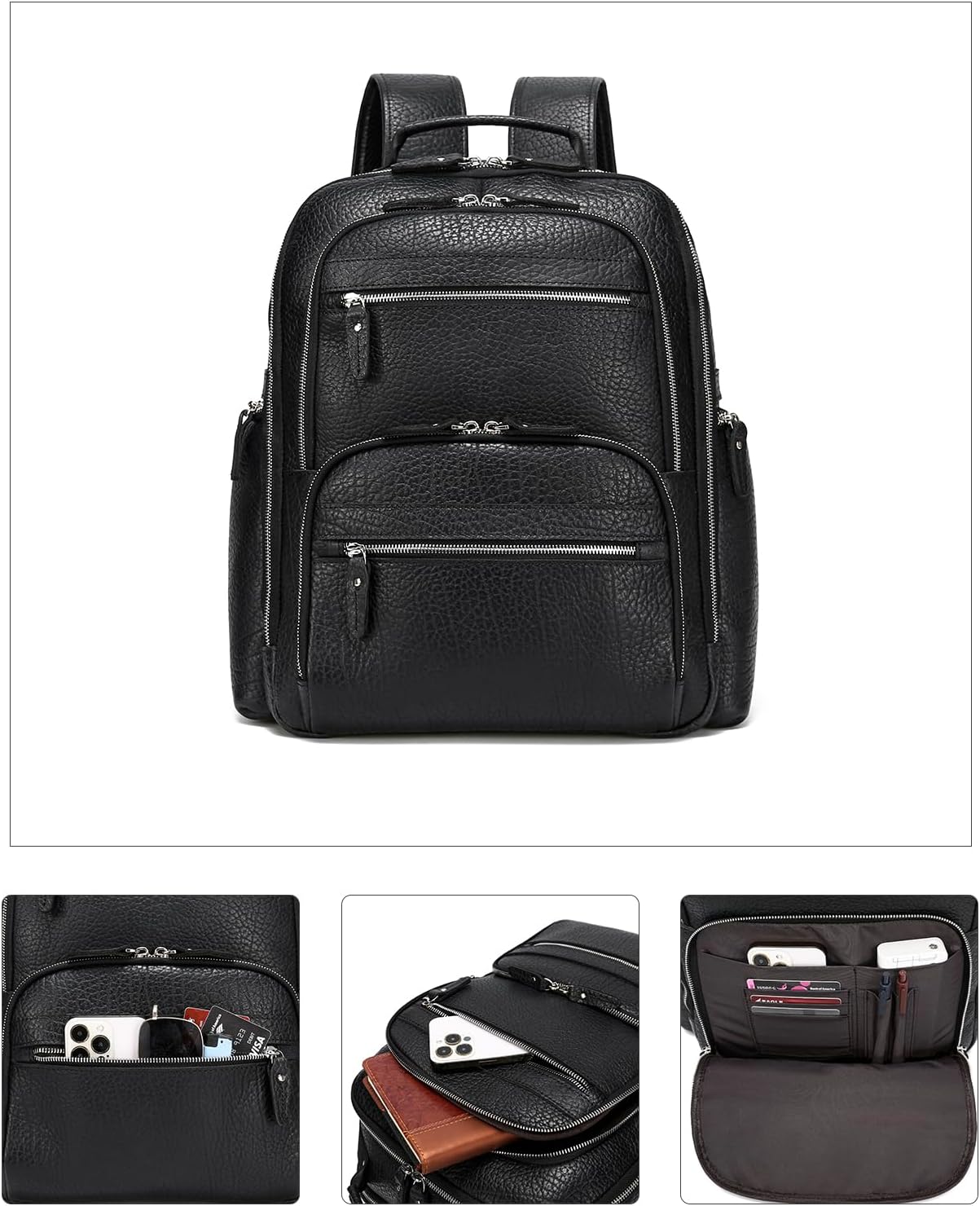 Taertii Leather Backpack For 17.3" Laptop, Travel Weekender Large Capacity Business Travel Hiking Overnight Shoulder Daypacks 36L, Black - Image 6