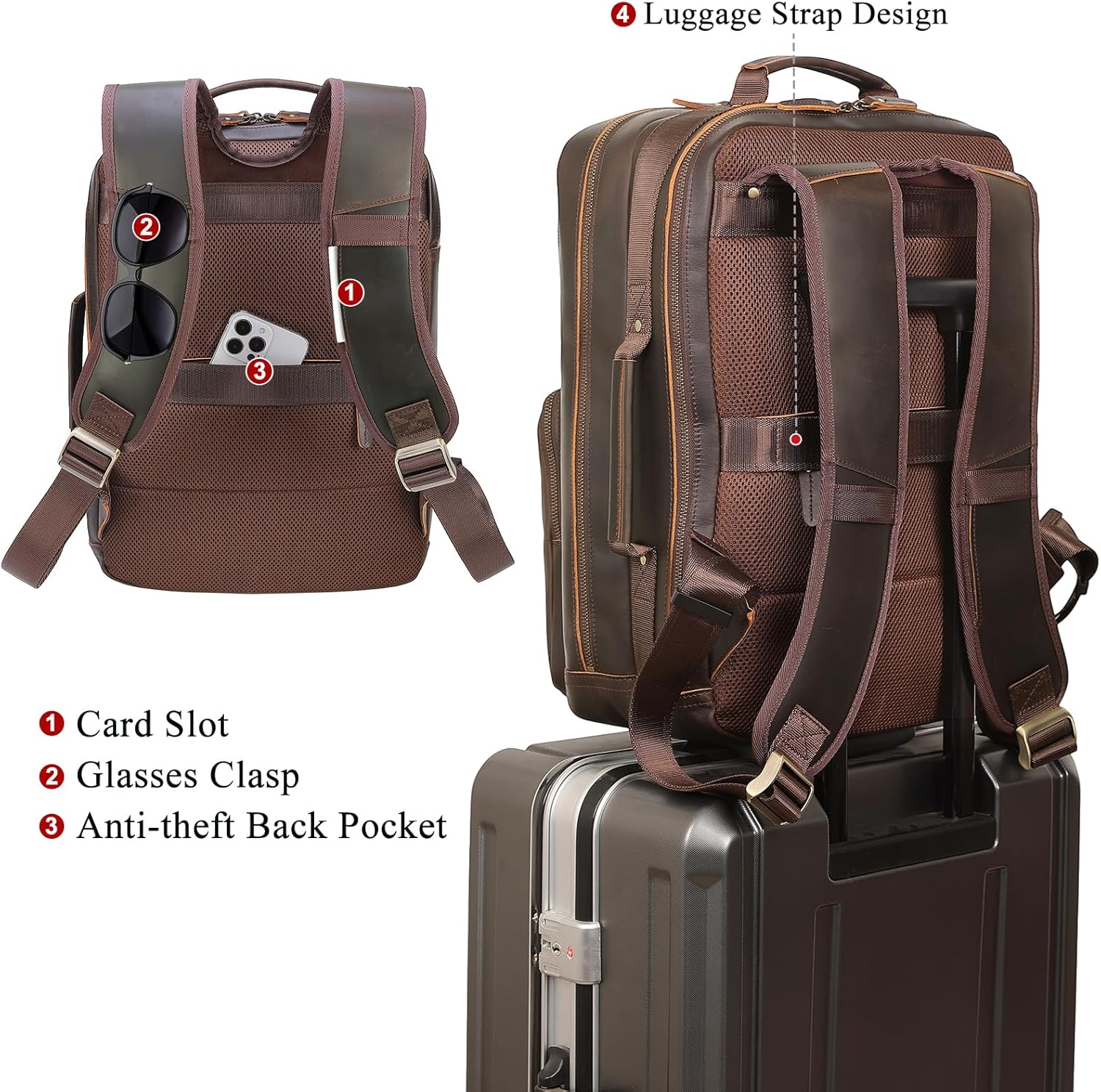 TIDING 17.3" Full Grain Leather Laptop Backpack for Men Multi Pockets Casual Daypack Business Travel Rucksack - Image 2