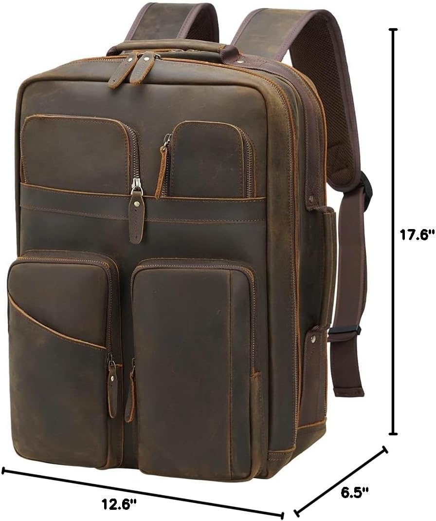TIDING 17.3" Full Grain Leather Laptop Backpack for Men Multi Pockets Casual Daypack Business Travel Rucksack - Image 3
