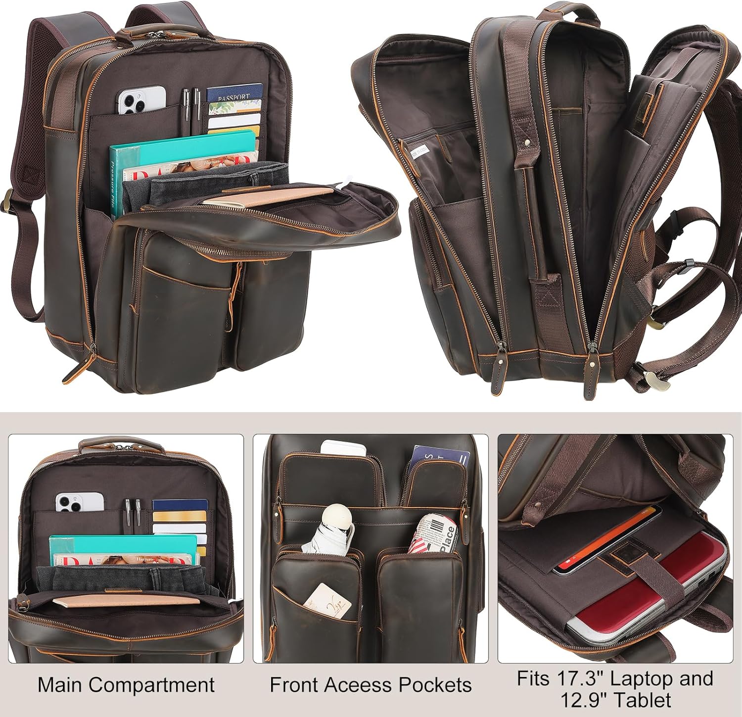 TIDING 17.3" Full Grain Leather Laptop Backpack for Men Multi Pockets Casual Daypack Business Travel Rucksack - Image 3