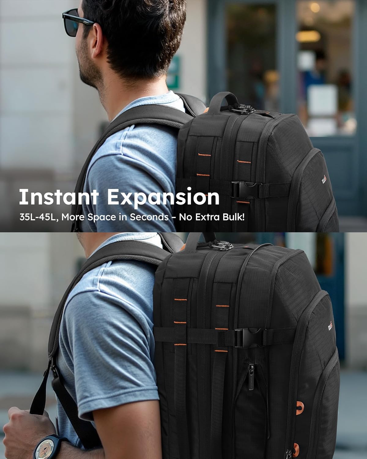 Tolaccea Travel Backpack, TSA Friendly Flight Approved Carry-on Luggage Water-resistant Business Rucksack, Durable Large Computer Bag Daypack Fits 15.6 Inch Laptop, 35-45L Expandable - Black - Image 2