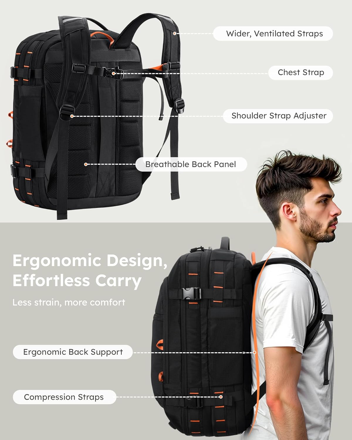 Tolaccea Travel Backpack, TSA Friendly Flight Approved Carry-on Luggage Water-resistant Business Rucksack, Durable Large Computer Bag Daypack Fits 15.6 Inch Laptop, 35-45L Expandable - Black - Image 8