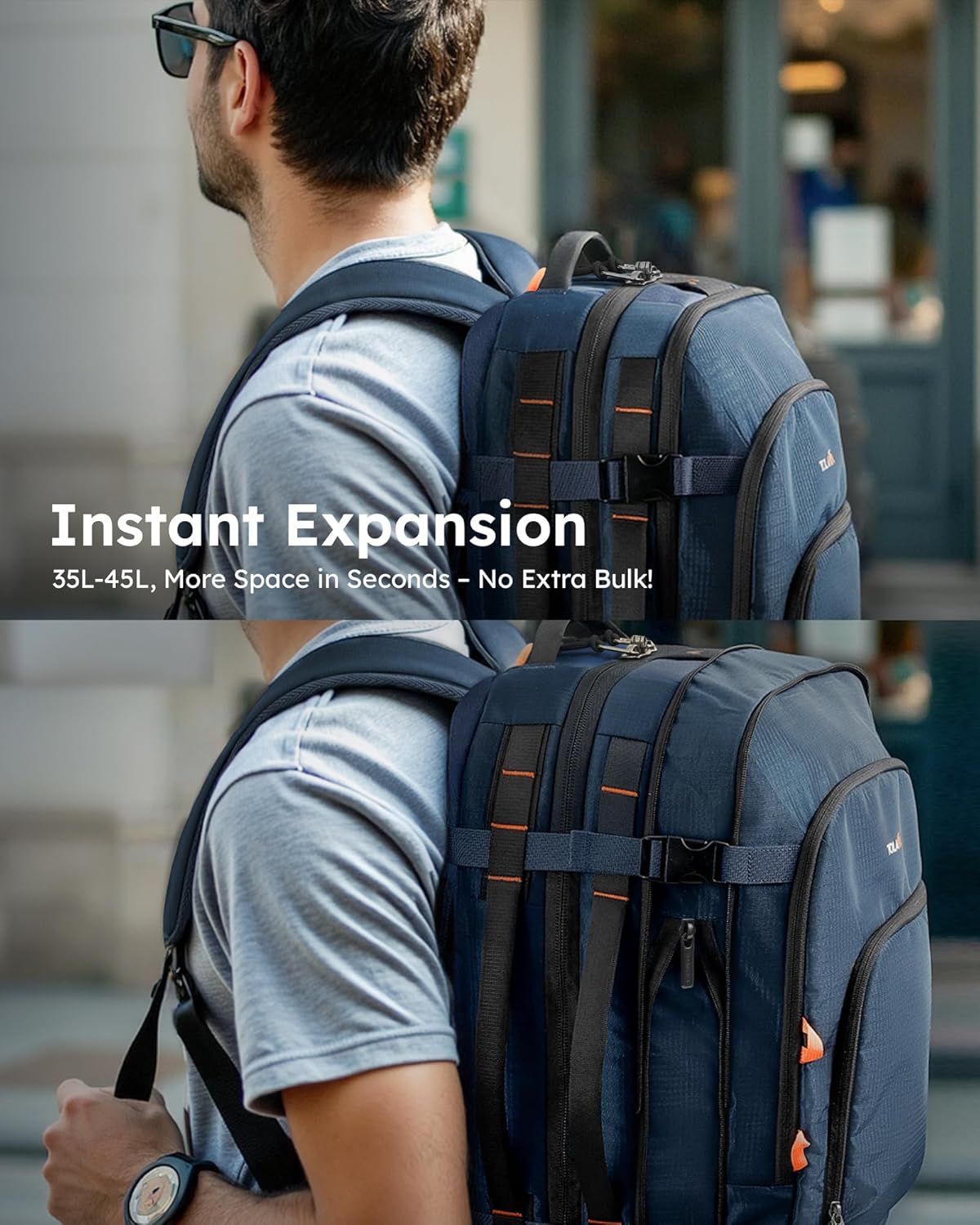 Tolaccea Travel Backpack, TSA Friendly Flight Approved Carry-on Luggage Water-resistant Business Rucksack, Durable Large Computer Bag Daypack Fits 15.6 Inch Laptop, 35-45L Expandable - Navy - Image 3