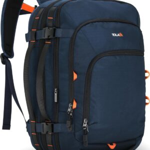 Tolaccea Travel Backpack, TSA Friendly Flight Approved Carry-on Luggage Water-resistant Business Rucksack, Durable Large Computer Bag Daypack Fits 15.6 Inch Laptop, 35-45L Expandable - Navy
