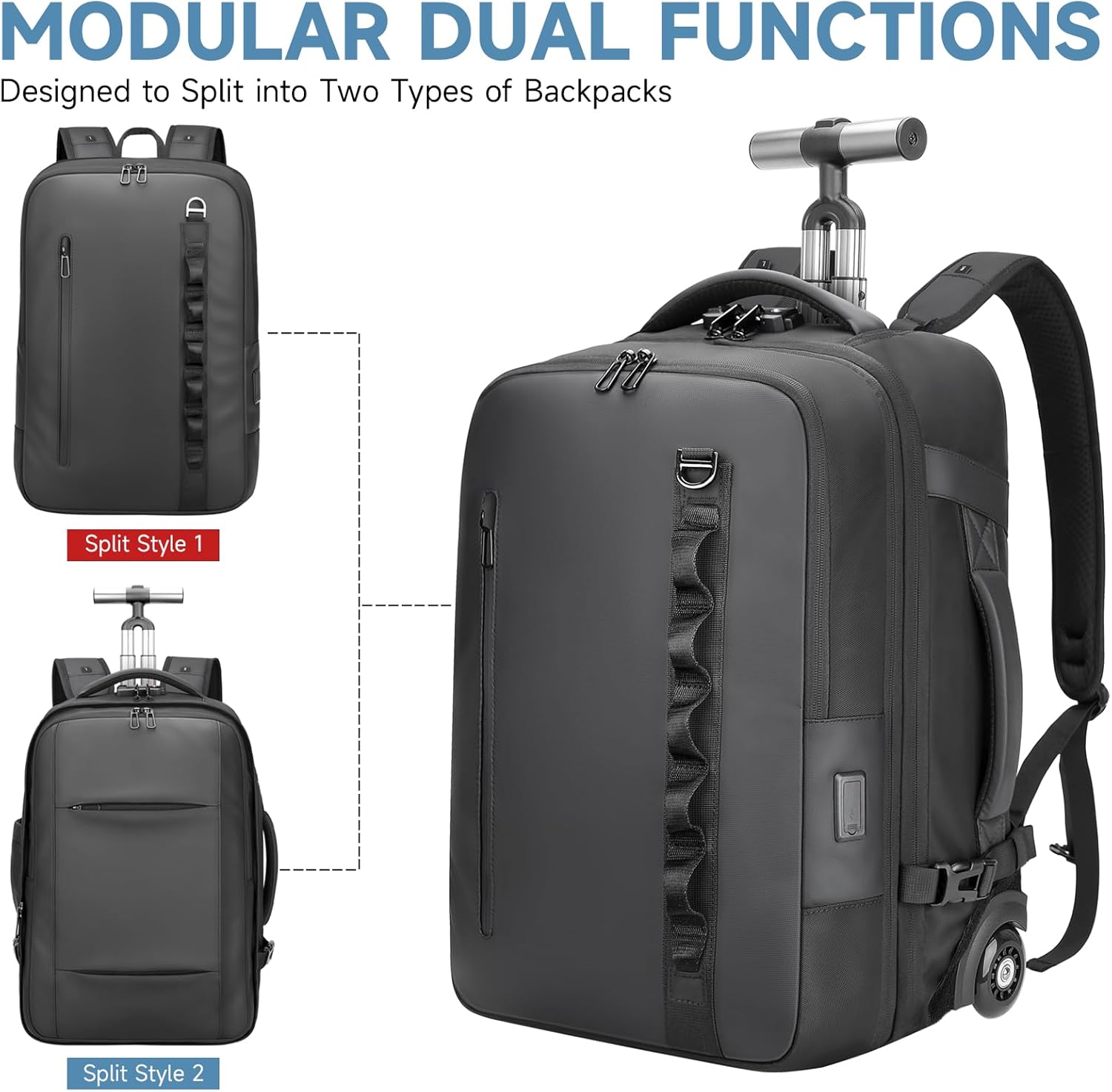 Travel Rolling Backpack,3 in 1 Carry on Backpack Flight Approved,Waterproof Personal Item Daypack with Detachable Backpack,Extra Luggage Backpack 55L for Work Teacher College,Black - Image 4