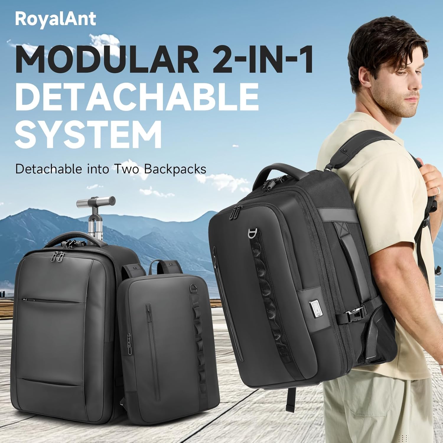 Travel Rolling Backpack,3 in 1 Carry on Backpack Flight Approved,Waterproof Personal Item Daypack with Detachable Backpack,Extra Luggage Backpack 55L for Work Teacher College,Black - Image 8