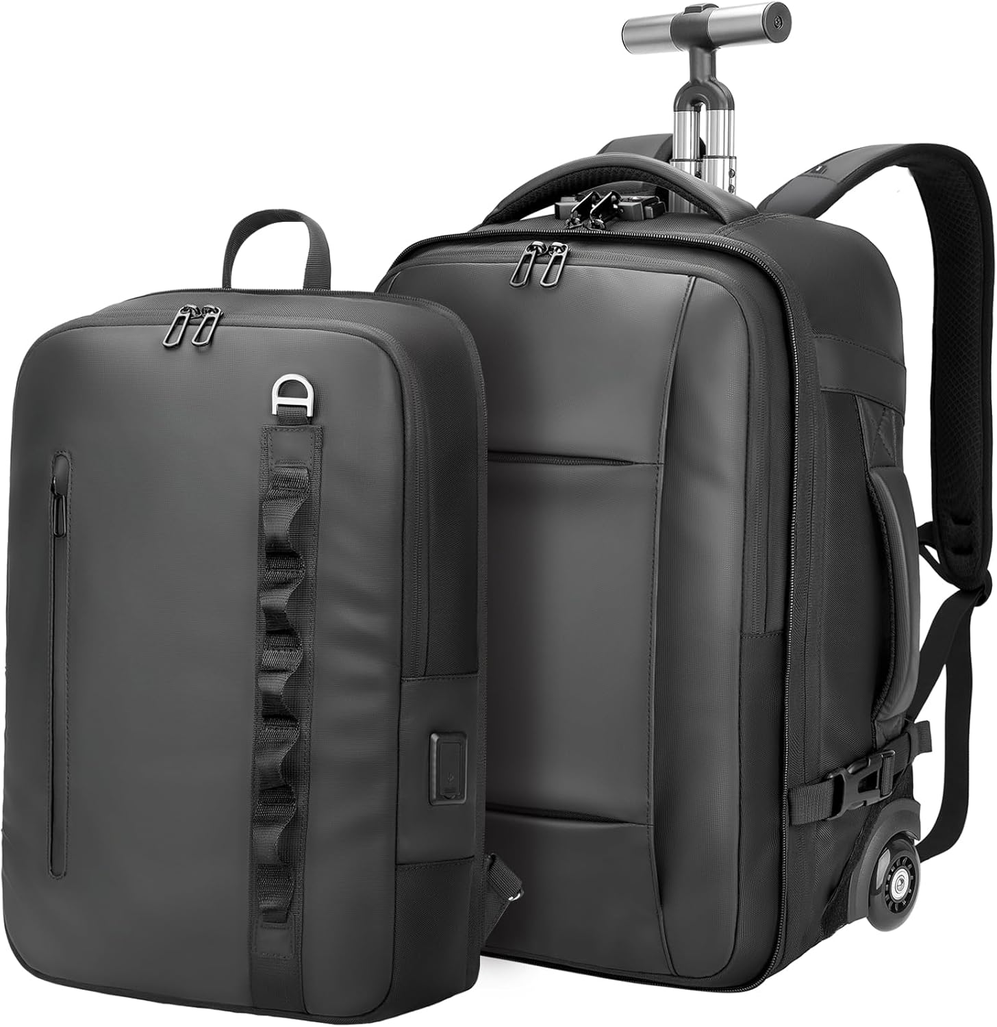 Travel Rolling Backpack,3 in 1 Carry on Backpack Flight Approved,Waterproof Personal Item Daypack with Detachable Backpack,Extra Luggage Backpack 55L for Work Teacher College,Black