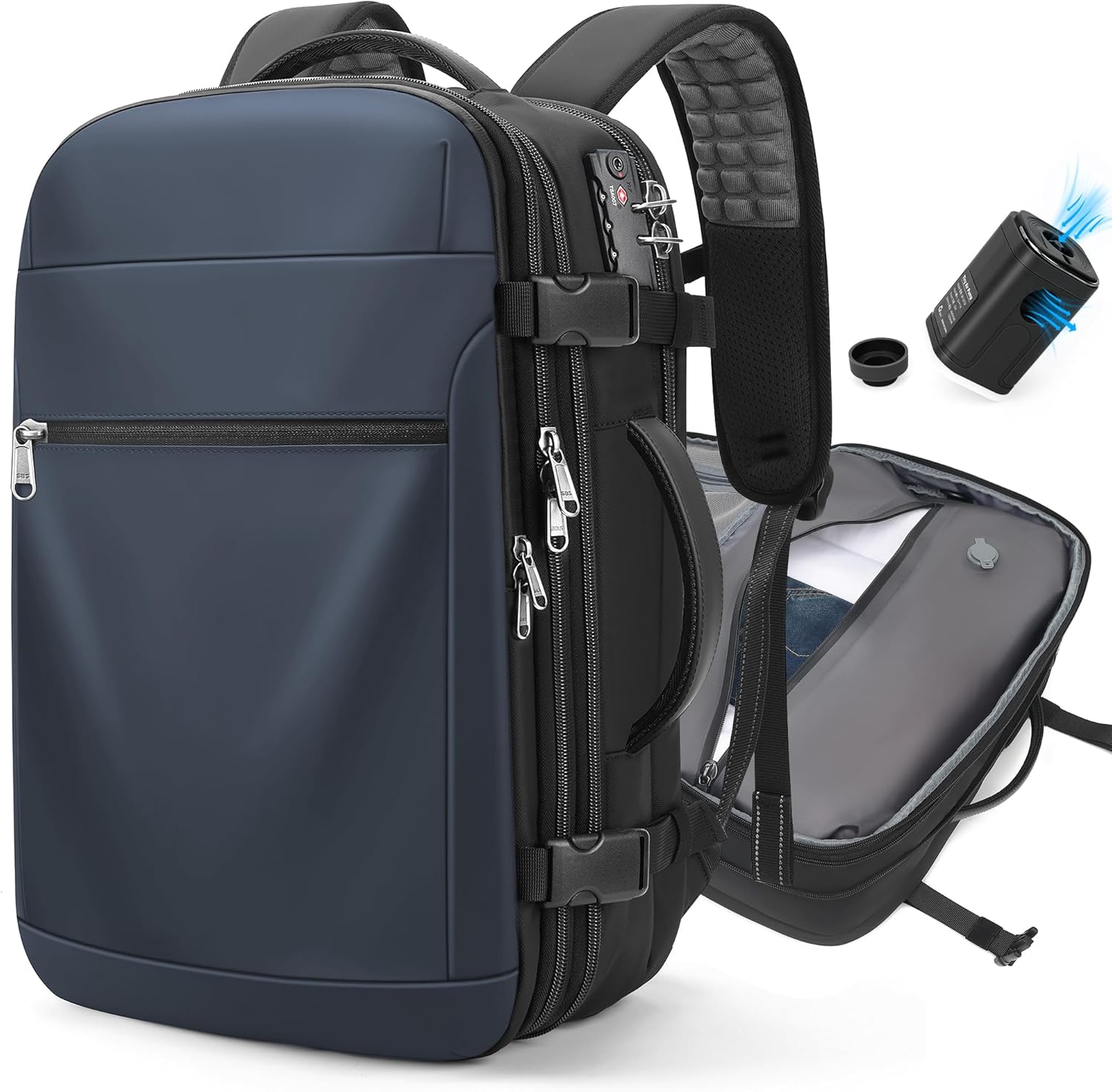 Vacuum Backpack Travel - 60L Expandable Carry-On Vacpack Backpack with Vacuum Pump, TSA Lock, Laptop Compartment, Water-Resistant Seal Compression Bag for Business & Flight Travel (Blue)