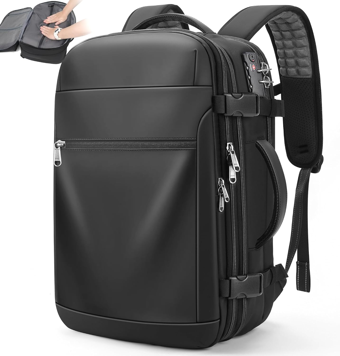 Vacuum Backpack Travel \u2013 Expandable Compression Carry On Backpack with Vacuum Pump, Water-Resistant TSA Lock Travel Bag, 17" Laptop Backpack for Men Women, Business Airplane Flight Luggage