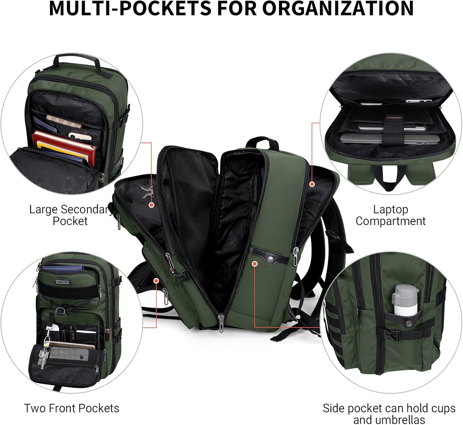 WITZMAN Men's Large 45L Convertible Travel Backpack with 17 Inch Laptop Compartment and Toiletry Bag, Green, 12.6 x 20.5 x 10.63 inches - Image 3
