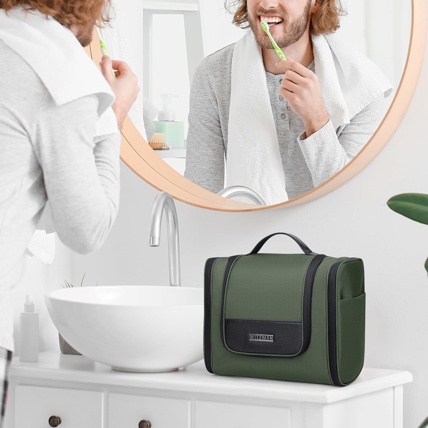 WITZMAN Men's Large 45L Convertible Travel Backpack with 17 Inch Laptop Compartment and Toiletry Bag, Green, 12.6 x 20.5 x 10.63 inches - Image 6