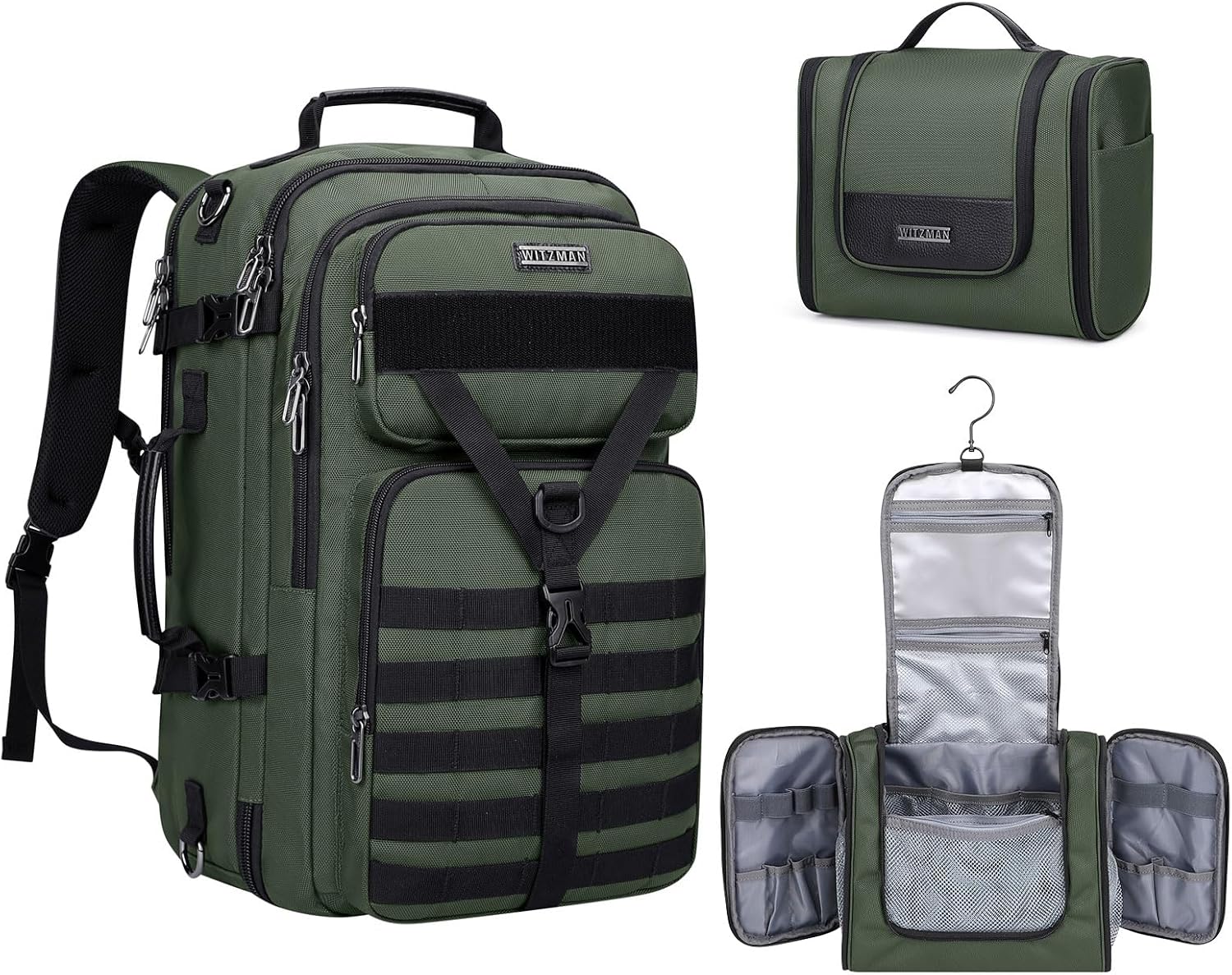 WITZMAN Men's Large 45L Convertible Travel Backpack with 17 Inch Laptop Compartment and Toiletry Bag, Green, 12.6 x 20.5 x 10.63 inches